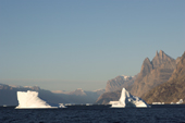 The Cathedral towers over icebergs,  Fiord seen from Nordvest Fjord. Scoresbysund region. East Greenland. 2005