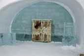 Reindeer skins cover the door to the Ice Hotel. Jukkasjarvi. Sweden. 2003
