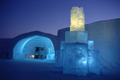 The entrance of the Ice Hotel at Dusk, with ice sculpture by the entrance. Jukkasjarvi. Sweden. 2003