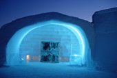 The entrance of the Ice Hotel at Dusk, the door is covered in reindeer skins. Jukkasjarvi. Sweden. 2003