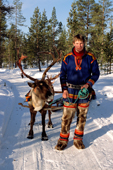 Sami man in traditional clothing leads a reindeer. Jukkasjarvi. Sweden. 2003