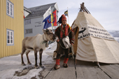 Sami Reindeer Herder, Ole Mathis Oskal, demonstrates about injustice, with his reindeer in Tromso. Norway. 2000