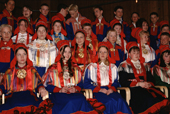 Sami teenagers dressed in traditional clothing for their confirmation. Karasjok Church. Sapmi. North Norway. 2000