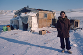 Inuit woman, Saufak Kivioq, outside the family hunting hut. Northwest Greenland. 1980