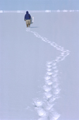 Inuk, seal hunting, leaves footprints in snow on sea ice. He uses a white screen and rifle. N.W. Greenland. 1980