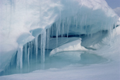 Icicles and a meltpool form on a thawing iceberg off the coast on Northwest Greenland. 1980