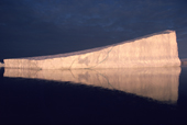 A wedge shaped Iceberg reflected in calm water drifts off the coast of North West Greenland. 1987