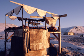 Sealskins hanging on a hunter's meat rack in Moriussaq. N.W. Greenland. 1987