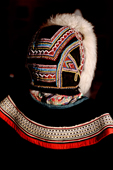A traditional Dolgan woman's hat with ornate beadwork and fur ruff. Taymyr, Northern Siberia, Russia. 2004