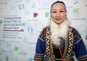 Neseinye Serotetto, a Nenets woman from a reindeer herding family, who manages the handicraft department and is an event organiser at the cultural centre in Yar-Sale. Yamal, NW Siberia, Russia