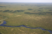 Aerial view of a small river flowing through the tundra of the Tazovsky region. Gydan Peninsula, Yamal, Northwest Siberia, Russia