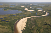 Aerial view of a river meandering through the tundra in the Tazovskiy region of the Gydan Peninsula. Yamal, Northwest Siberia, Russia
