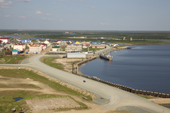 Aerial view of the village of Antipayuta in the Tazovsky region of the Gydan Peninsula. Yamal, Siberia, Russia