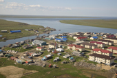 An aerial view of the village of Gyda in the Tazovsky region of the Gydan Peninsula. Yamal, Siberia, Russia