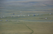 An aerial view of a Nenets fishing camp on the Yuribey River. Tazovsky region of the Gydan Peninsula. Yamal, Siberia, Russia