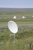 A TV satellite dish at Nenets fishermen's camp on the tundra by the Yuribey River. Gyda, Tazovsky Region, Gydan Peninsula, Yamal, Russia