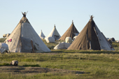 Tents at a Nenets fishing camp on the tundra by the Yuribey River. Gyda, Tazovsky Region, Gydan Peninsula, Yamal, Russia