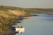 Nenets fishing boats at camps along the bank of the Yuribey River. Gyda, Tazovsky Region, Gydan Peninsula, Yamal, Russia