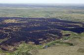 An aerial view of tundra blackened by a summer fire in the Nyangus-yaha area of the Tazovsky region. Gydan Peninsula, Yamal, Siberia, Russia