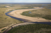 Aerial view of the Indikyaha River and surrounding tundra in the Tazovsky region of the Gydan Peninsula. Yamal, Siberia, Russia