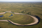 Aerial view of the Plyaroyaha meandering through the surrounding tundra in the Tazovsky region of the Gydan Peninsula. Yamal, Siberia, Russia