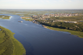 Aerial view of the River Taz and the town of Tazovsky in the Gydan Peninsula. Yamal, Siberia, Russia