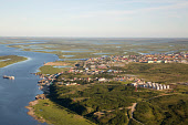 Aerial view of the town of Tazovsky on the bank of the River Taz in the Gydan Peninsula. Yamal, Siberia, Russia