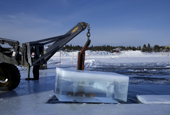 Large blocks of ice are taken from the Torne River to build the Ice Hotel. Jukkasjarvi, Lapland, Sweden.