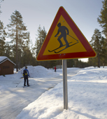 A ski sign in Jeris Ski resort area. Yllas, Lapland, Finland.