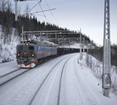 Train on the Kiruna-Narvik iron ore railway. Lapland, Norway.