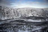 Winter landscape, viewed from the Kiruna to Narvik iron ore railway. Lapland, Norway.