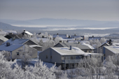 Winter scene of houses in Kiruna. Lapland, Sweden.