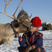 Sami in traditional clothing, with his reindeer. Lainio, Lapland, Finland. MR
