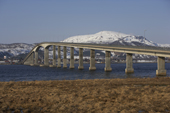 Bridge over Blautbalakvisl River. Lofoten, Lapland, Norway.