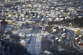 Winter view of homes in Narvik with the railway station. Lapland, Norway.