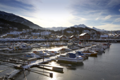 Boats in Narvik harbour in winter. Lapland, Norway.